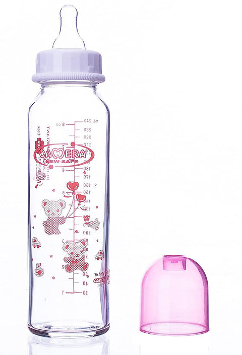 Camera Heat Resistant Glass Feeding Bottle, 240ml - Pink Clear , 2725615459330