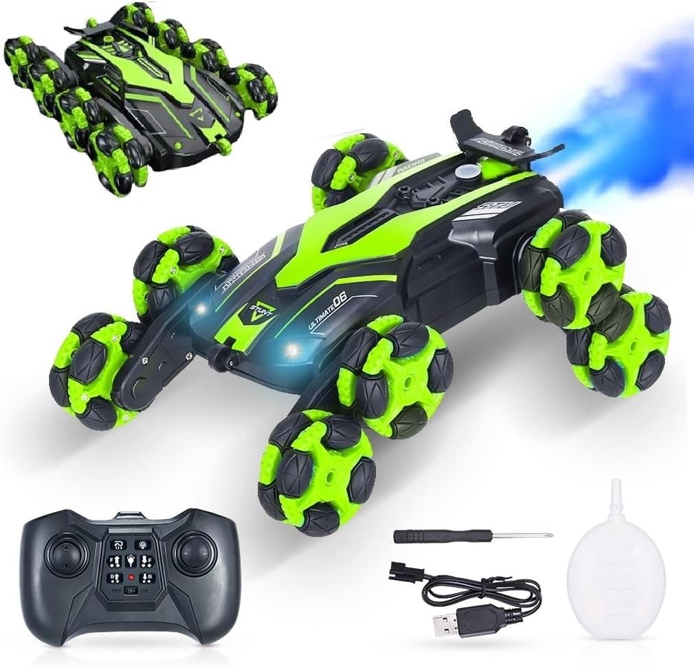 TOYS LAND RC Stunt Car Toy for Kids, 2.4GHz Remote Control Drift Car, Double Sided 8-Wheels Drive with Mist Spray & Light, 360° Flips Rotating, One-Click Demo Rechargeable Battery, Gift for Boys 6+