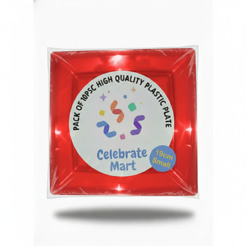 Pack of 10 Red Small Square Plastic Serving Plates for Meals, Salads and Desserts — Durable Lightweight Plates for Parties, Weddings, Picnics and Event Catering