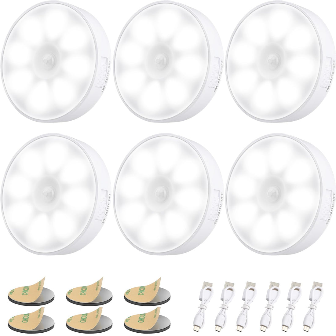 8 LED Night Light with Motion Sensor, [Pack of 6] Electight Rechargeable Night Lamp with USB Cables, Auto/On/Off, Stick Anywhere such as Stairs, Cabinet, Toilet, 6000 K Cool White