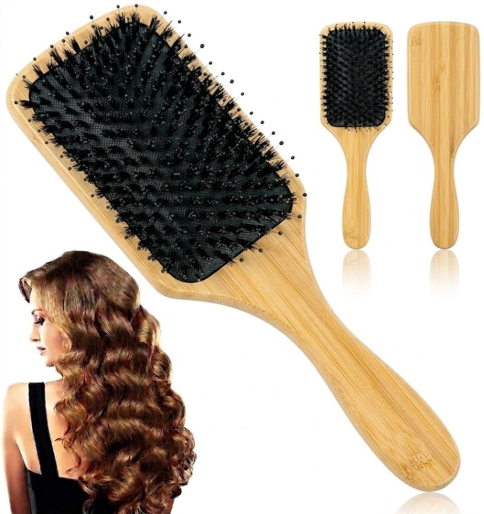 Premium Hair Brush, All-Purpose Hair Brush Made of Sustainable Bamboo Wood - Paddle Brush for All Hair Types- Detangling Anti Static Hairbrush(1 Piece -WOOD)-squaer shape