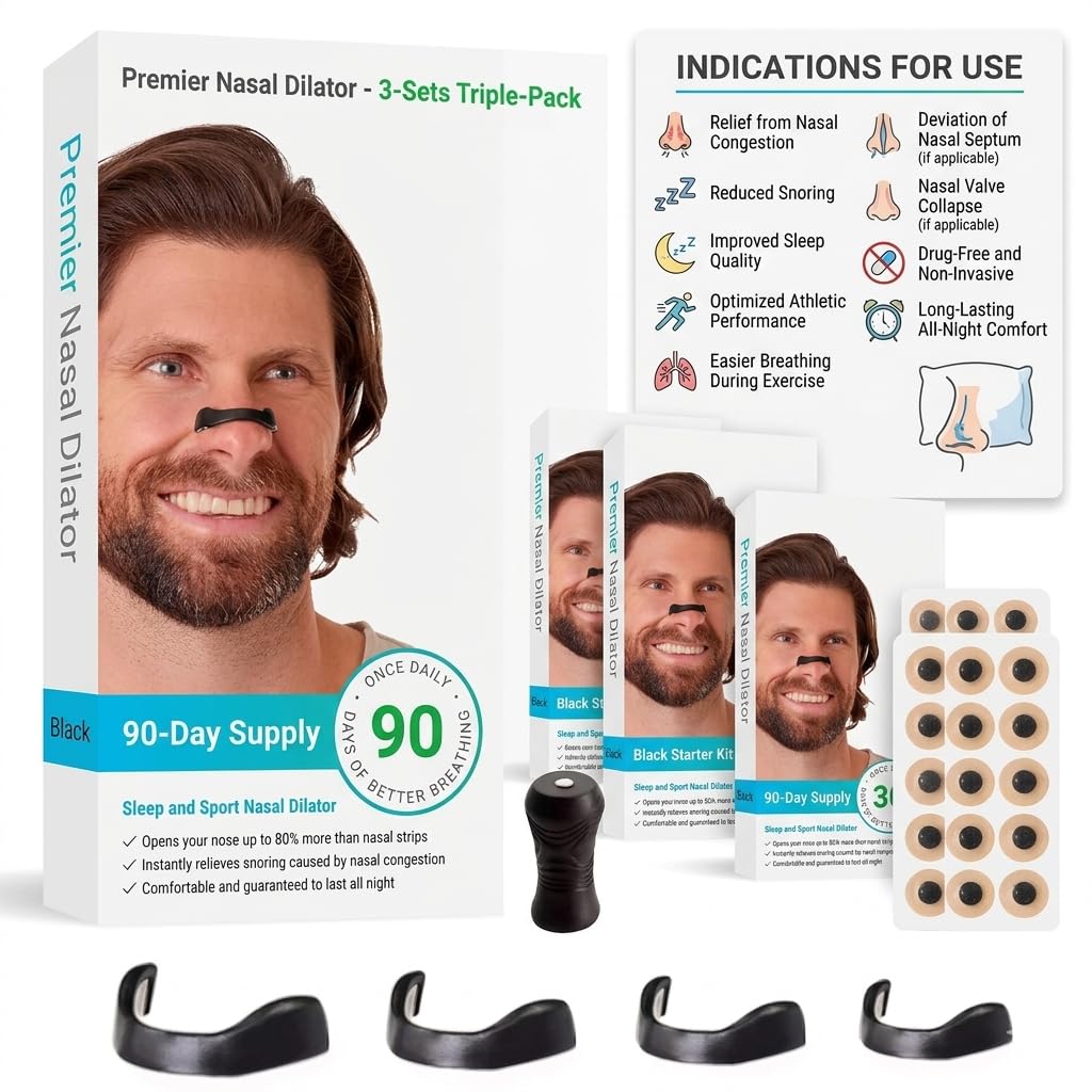 Premier Nasal Dilator for Anti-Snoring and Easy Breathing, Sleep and Sport Support, Black, 3-Set Triple-Pack, 90-Day Supply
