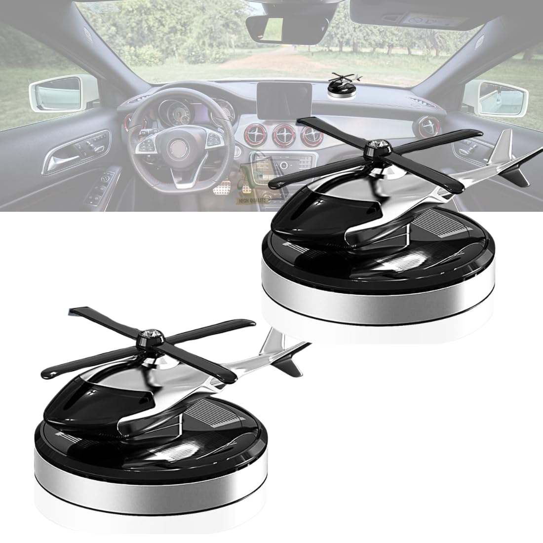 Solar Powered Helicopter Car Freshener with Aroma Diffuser Car Air Fresheners Long Lasting for Dashboard Silver Dashboard Helicopter Car Accessories Pack of 2