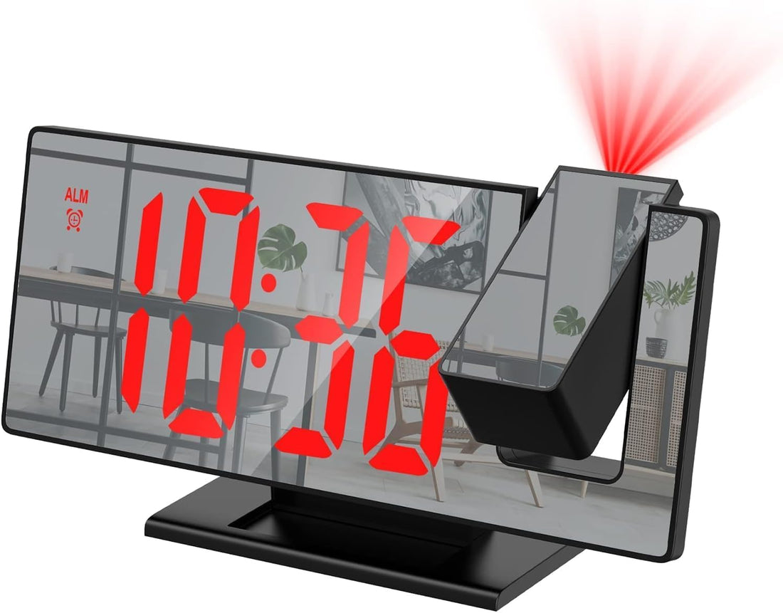 7.8 Inch LED Digital Alarm Clock with Time Display Projector, Adjustable Brightness Smart Alarm Clock, Snooze, USB, Auto Night Mode, Mirror Clock for Bedroom Office – Red Light