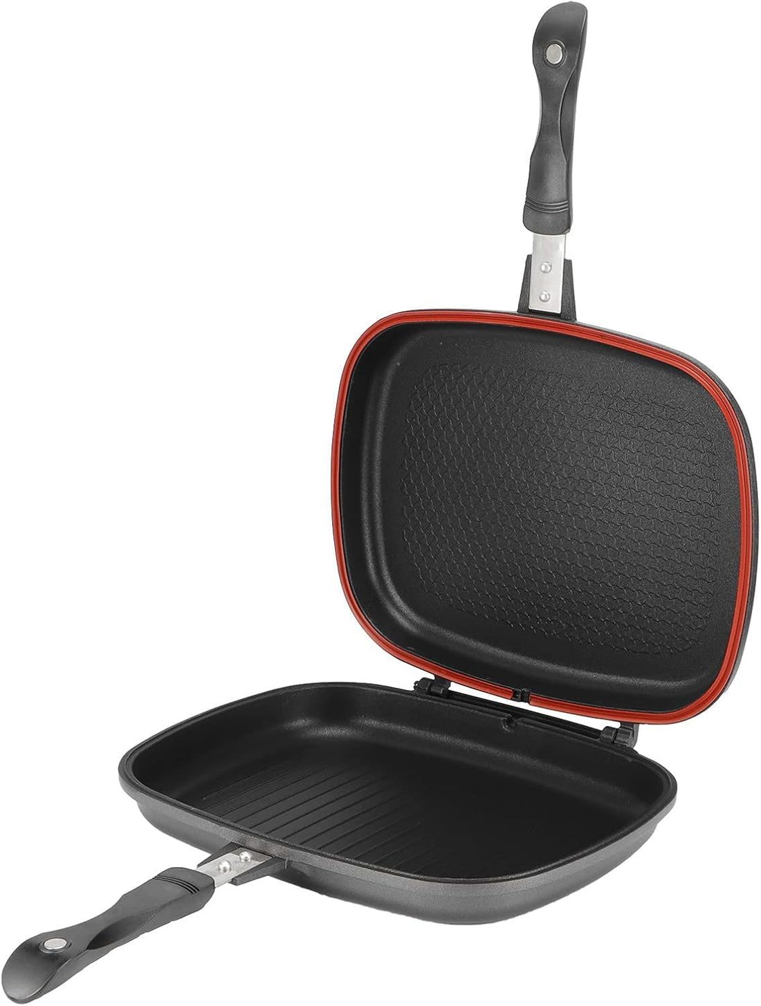 Double Sided Grill Pan 36cm or 40cm - Dual Side Non-Stick Die Cast Aluminum Pressure Frying Pan with Silicone Sealing Ring & 4000 Gauss Magnetic Lock, Stay Cool Handle, Smokeless Cooking (36cm)