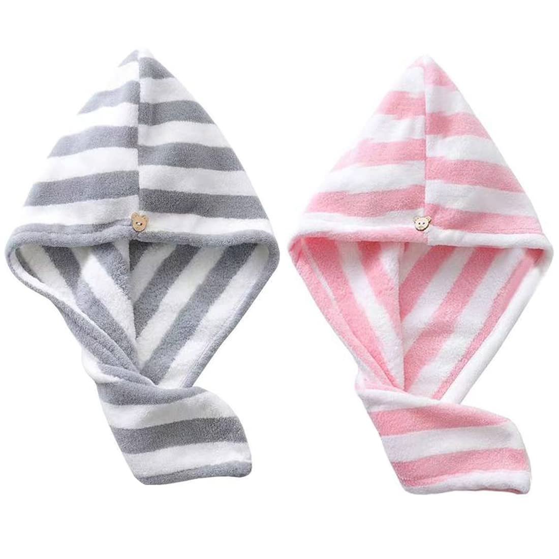 2 Pack Hair Towel Wrap, Microfiber Hair Towel Fast Drying Hair Towel Wrap with Button, Soft Super Absorbent Hair Drying Towels for Long & Curly Hair, Anti-Frizz (Style B)