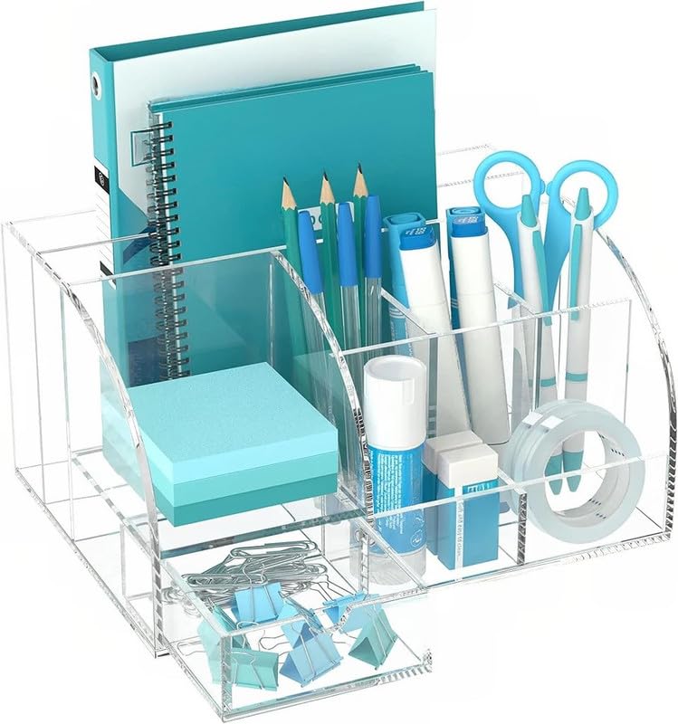 Best Media Acrylic Desk Organizer, Clear Office Supplies Storage Solution with 8 Compartments & 1 Sliding Drawer, Multi-Functional Desktop Stationary Caddy for Home, School & Office Use