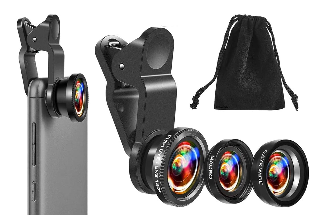 REDWIND Universal 3 in 1 Phone Camera Lens Kit 180° Fisheye 10X Macro 0.70 Wide Angle Lens Anti Slip & Anti Scratch Clip Compatible with iPhone & Android Smartphones for Video Live Show Vlog