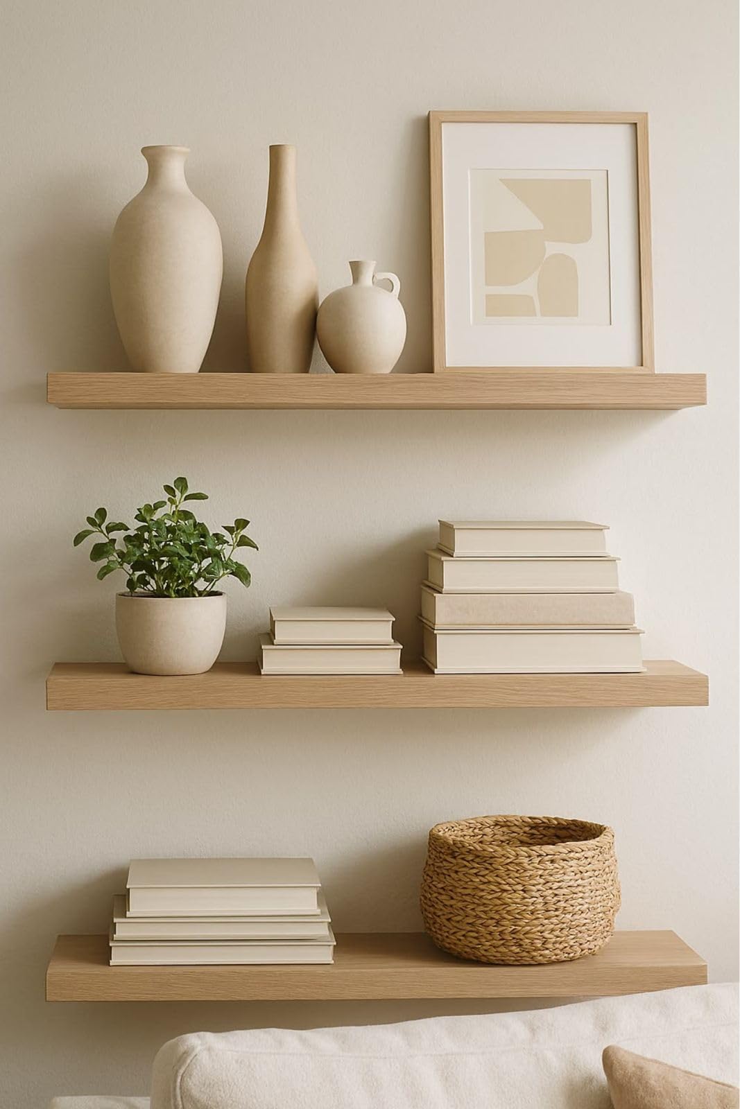 MDF Wood Wall Shelves, Modern Design, Waterproof and Scratch Resistant, 50 x 15 cm, Set of 3, with Mounting Supplies, for Kitchen, Bedroom, Office (Wooden)