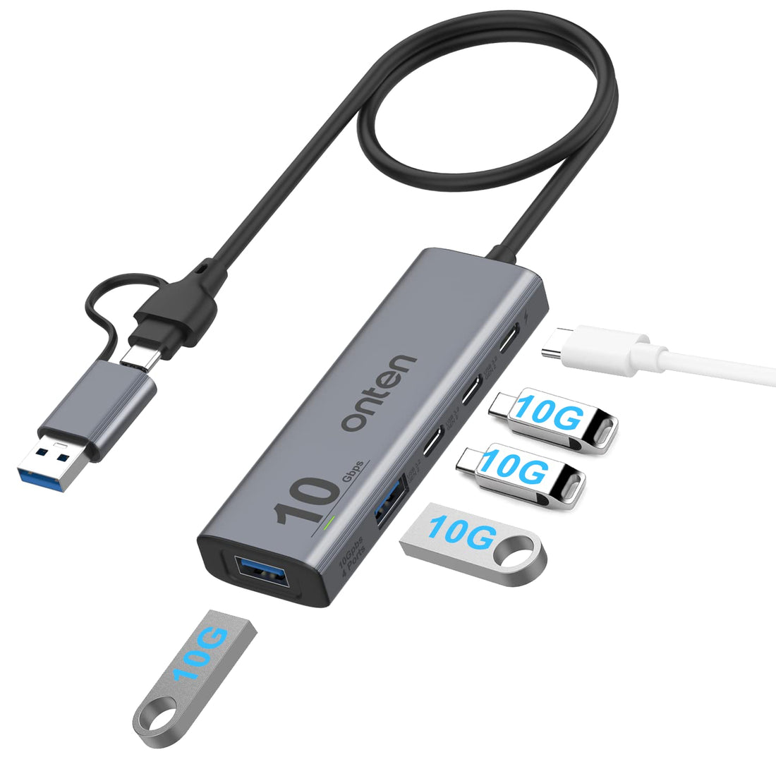 Onten 10Gbps 4 Port USB C Hub,USB C to USB C and USB A Adapter with USB3.2 GEN2 Speed.10GbPS USB hub with 2*USBA(10G) 2*USB C(10G).USB C Adapter(Data Transfer only,Not Support Power and Monitor)