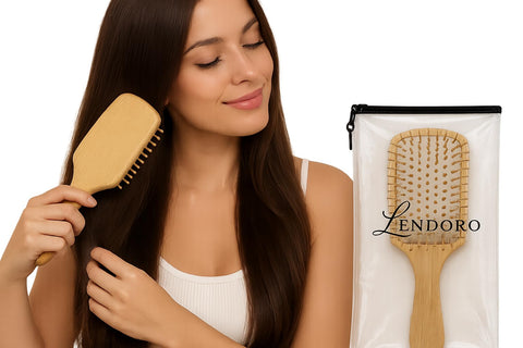 LENDORO Wood Hair Brush, Soft Synthetic Bristles, Gentle Detangling, Rectangular, 20x6x3 Centimetres