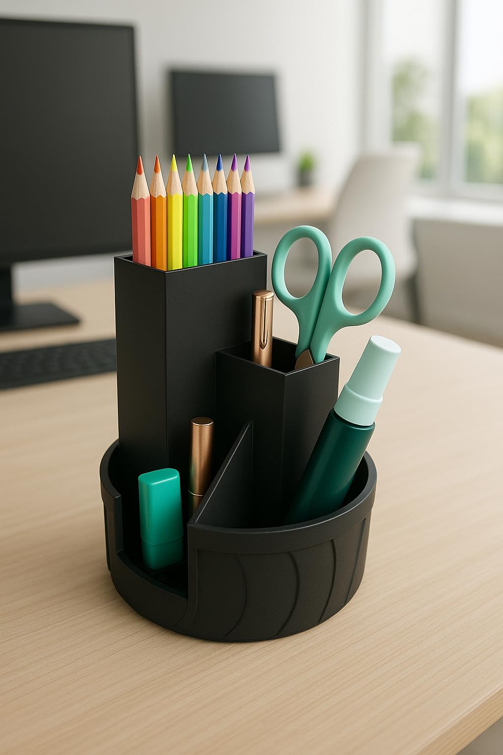 Downtown Desktop Organiser with Multiple Compartments, Black Stationary Holder with Round Base, Rotating Storage Caddy for Pens, Pencils, Scissors and Household Office Supplies