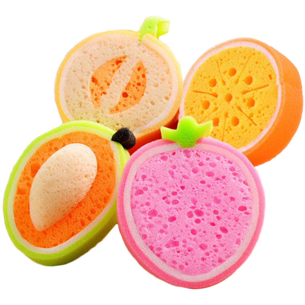 Tomaibaby 4pcs Baby Bath Sponge Cute Fruits Shaped Bath Brushes Scrubbers Bathing Tools for Kids Bath Time Toys