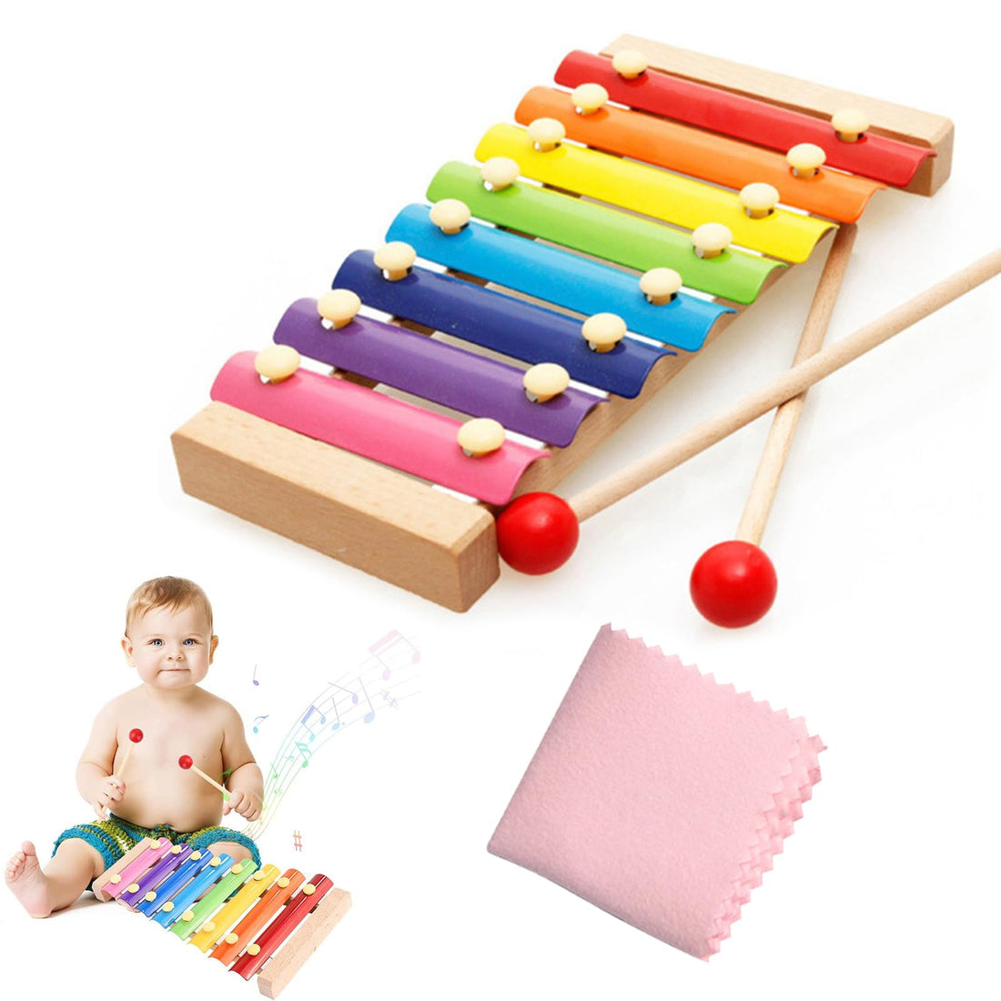 BASTOUR Xylophone, Xylophone for Children, Baby Xylophone, Wooden Xylophone, Wooden Xylophone Music, Baby Musical Instrument, Educational Musical Instruments, with 2 Mallets, with Cleaning Cloth