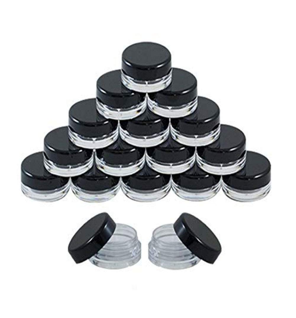 VASANA 50 Pcs 5 Gram 5 ML Jars with Lids Empty Refillable Black Plastic Screw Cap Lid with Clear Base Empty Containers Sample Travel Bottles for Make Up Nail Powder Eye Shadow