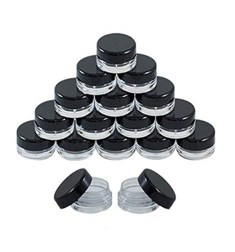 VASANA 50 Pcs 5 Gram 5 ML Jars with Lids Empty Refillable Black Plastic Screw Cap Lid with Clear Base Empty Containers Sample Travel Bottles for Make Up Nail Powder Eye Shadow