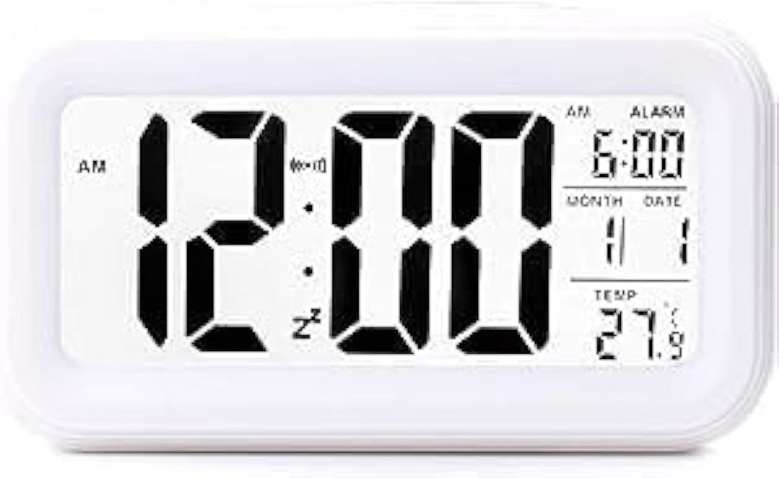 CAZADORA - Creative Smart Nightlight Digital Alarm Clock Bedside Desk Table Electronic Clock Battery Operated Mute Luminous Alarm Clock with Adjustable Light for Kids Students White, White, Classic