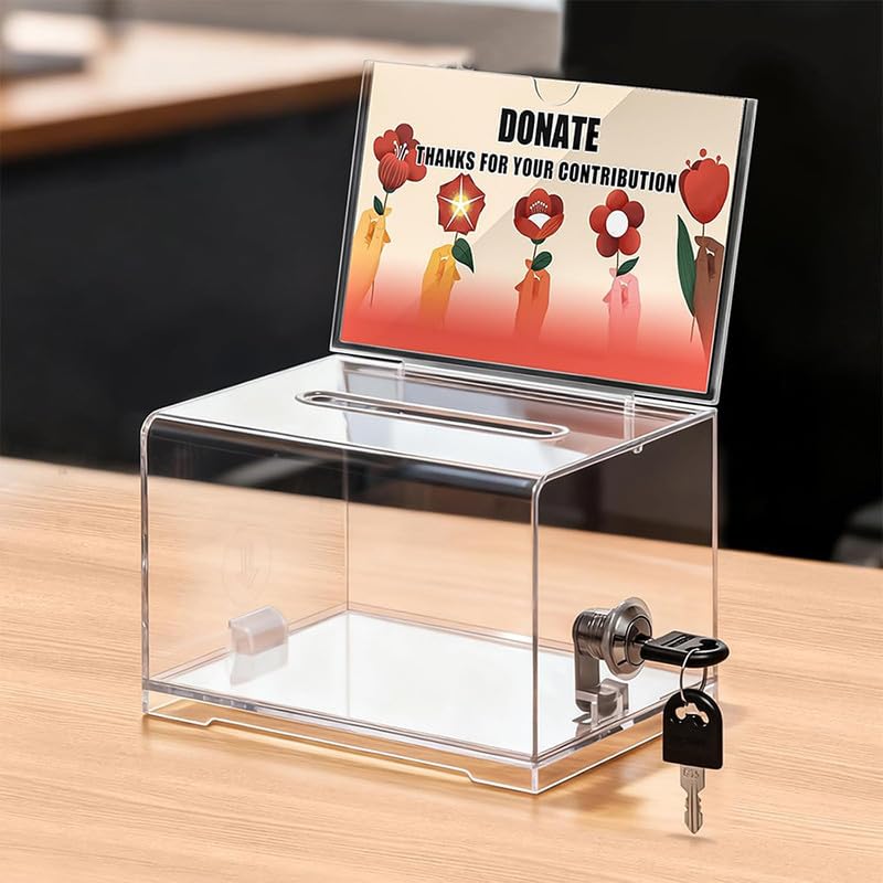 Best Media Donation Box with Lock and Key, Acrylic Suggestion Box with Slot and Sign Holder for Fundraising, Voting, Raffle, Tip Jar – Clear – 1 Pack – 15.7 × 11.7 × 10.2