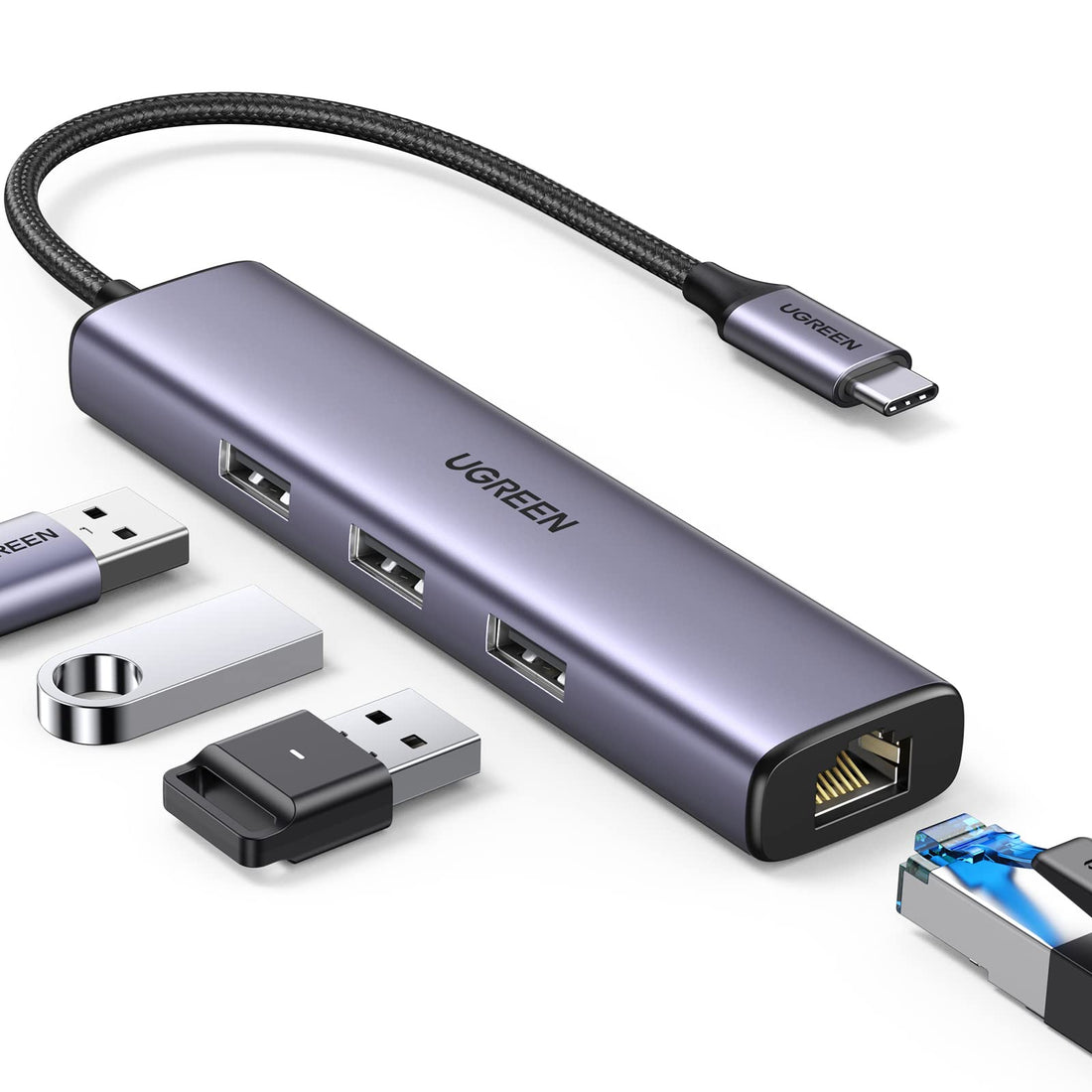 UGREEN USB C to Ethernet Adapter, 4 in 1 USB C Hub Ethernet with 3 USB 3.0 Ports/Gigabit Rj45, Plug & Play, Thunderbolt (3/4) to Network Adapter for MacBook Pro/Air, XPS, iPad Pro, iPhone - 60600