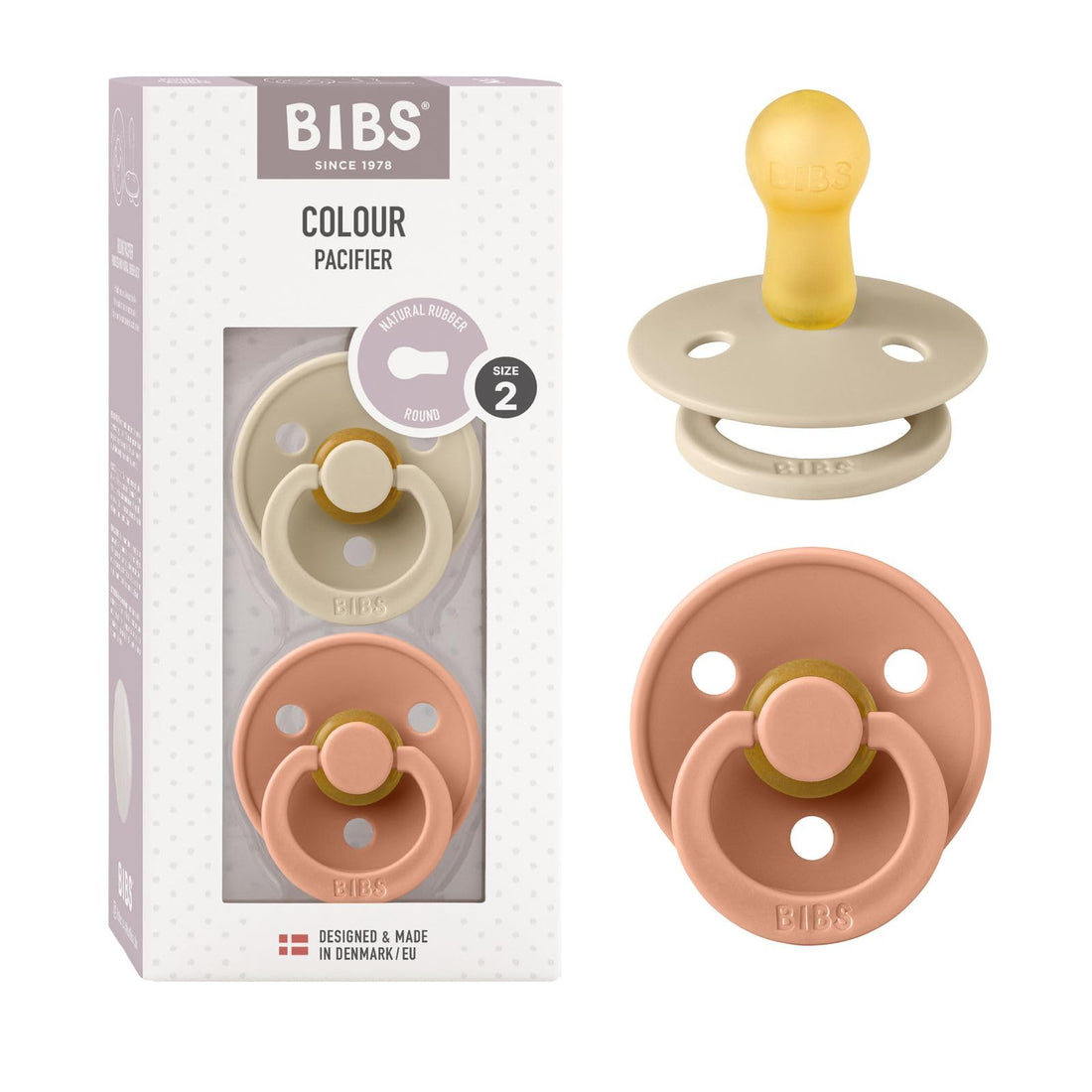 BIBS Pacifier Colour Round Natural Latex Nipple | BPA Free | Made in Denmark | Size 2 (6-18 Months) | Pack of 2 | Vanilla/Peach