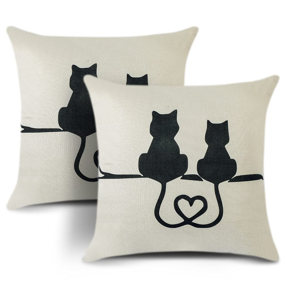 JOTOM Cushion Covers Cats in Love Linen Throw Pillow Case Romantic Black Cat with Heart Square Cushion Pillowcases Home Decorative for Couch Sofa Bedroom Living room 45x45cm,Set of 2 (Cat Black)