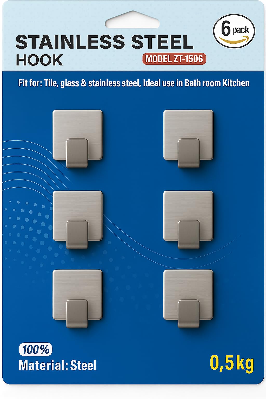 Heavy-Duty Steel Adhesive Hooks (Model ZT-1506) – Pack of 6, Rustproof Wall Hooks for Bathroom, Kitchen, and Office, Up to 0.5 kg Load, No-Drill Self-Adhesive Design (Square)