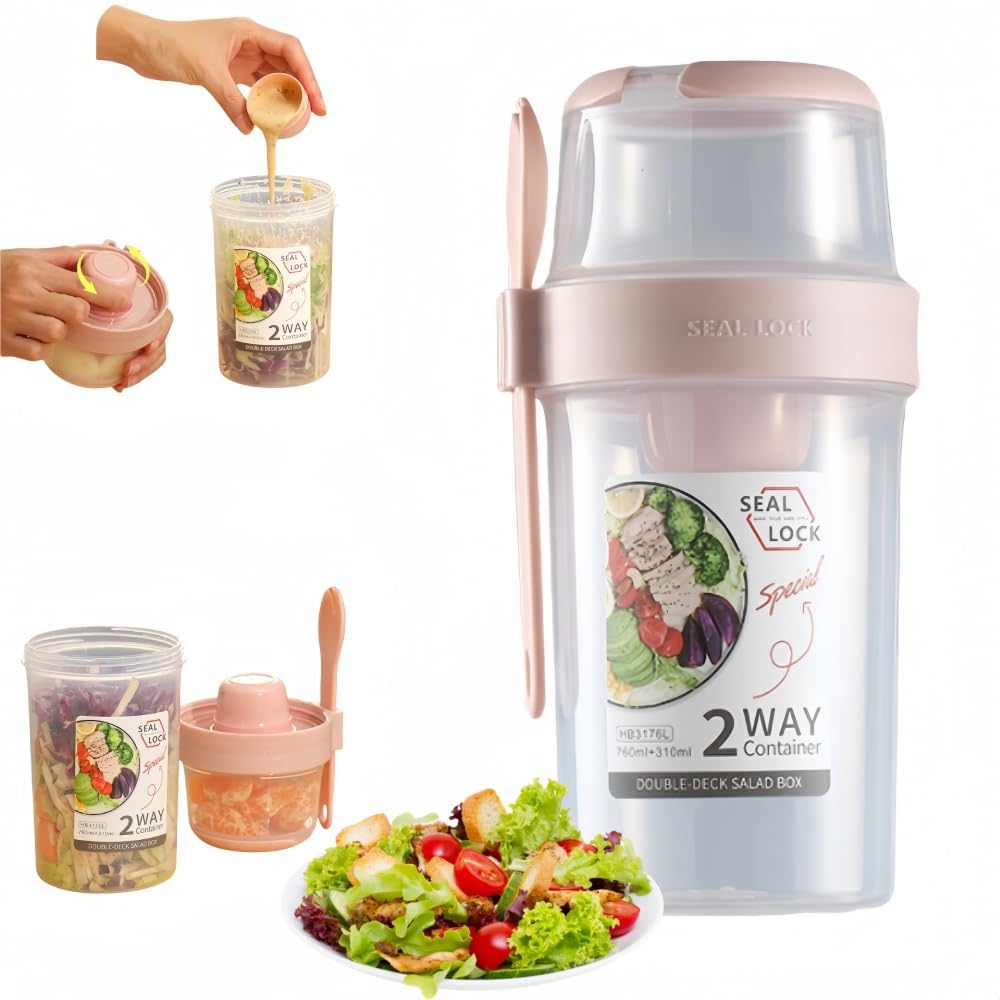 Salad Meal Shaker Cup Overnight Oats Containers with Spoon and Lid, Breakfast On The Go Cups, Portable Salad Cup Jars with Dressing Holder, 2-tier Salad Container for Fruit Vegetable Dessert (pink)