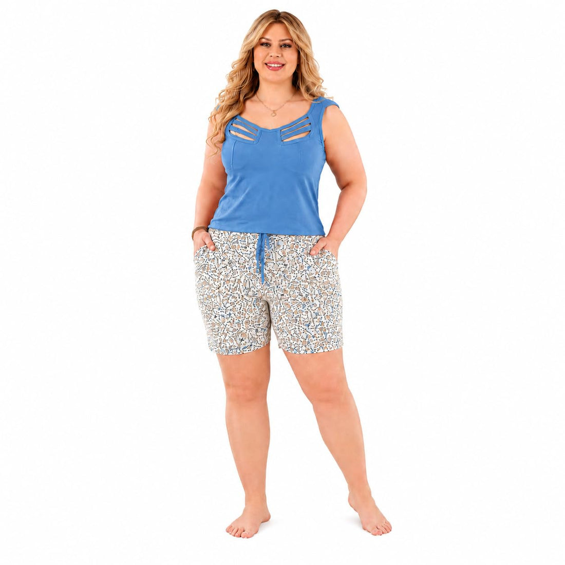 Narissa Women's Kagi Pajama Set 2 Piece Plus Size Sleeveless Top with Iconic Cage Collar and Floral Print Shorts - Soft Cotton Material