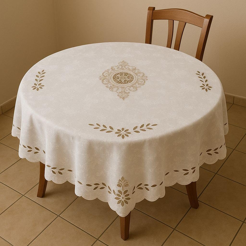 Elegant Round Tablecloth with Floral Embroidery and Scalloped Edge, White, 140cm Diameter, Decorative Dining Table Cover, .reh
