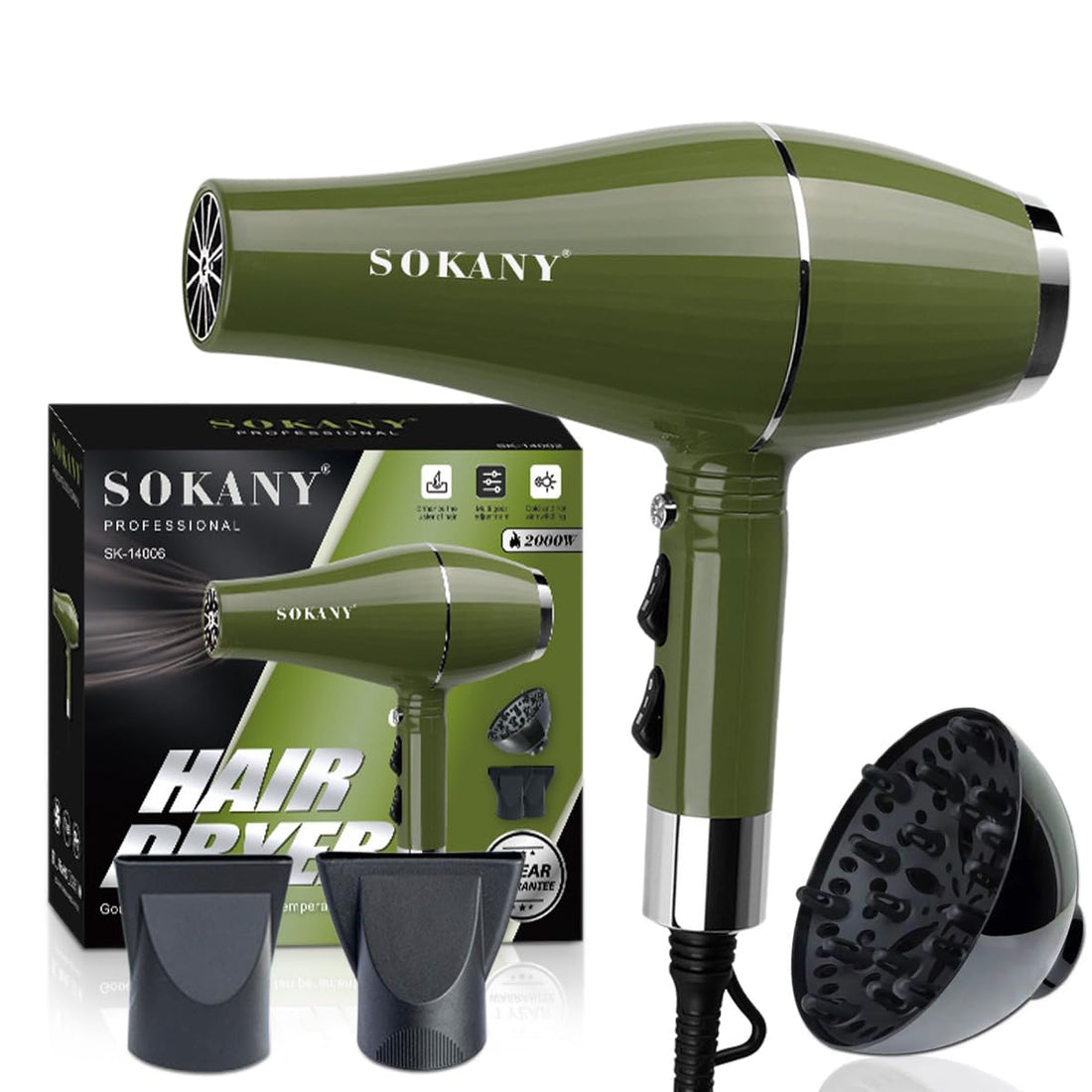 Hair Dryer 2000W – Professional Blow Dryer with Diffuser & Nozzle, Fast Drying, Negative Ions, Cold & Hot Air, 2 Speed and 2 Heat Settings with Concentrator Hang Loop, SK-14006