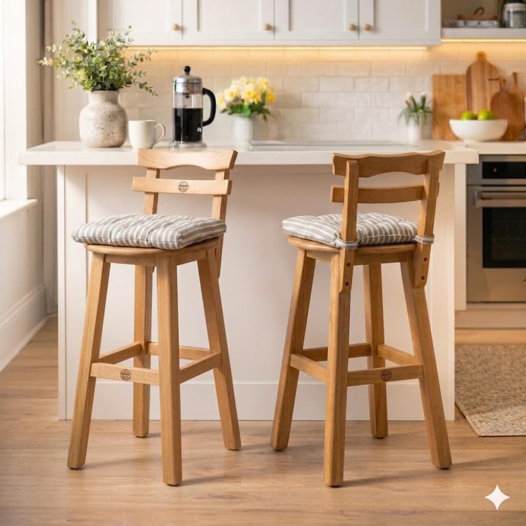 Natural Beech Wood Bar Chair with Ergonomic Back – Height 80cm – Round Seat 43cm – Durable كوشكن هديةHigh Kitchen Chair for Cafes and Homes