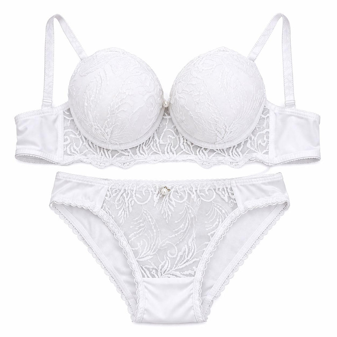 Lady Stars Embroidered Bra and Panty Set, White, Lace Detail with Pearl Accent, Luxury Women's Underwear