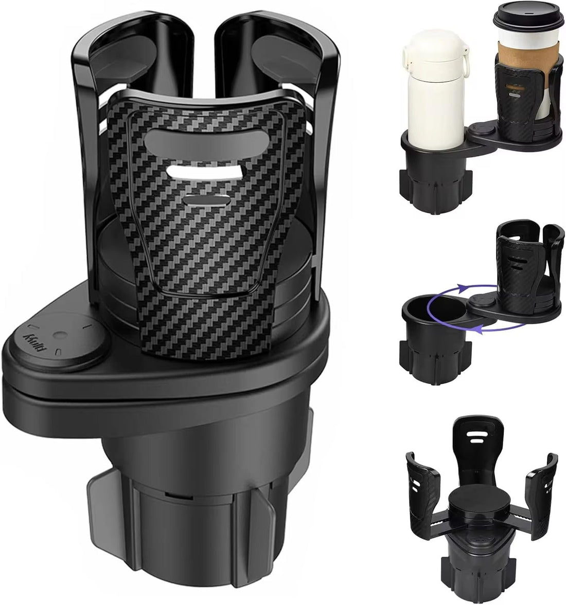 2-in-1 Rotatable Car Cup Holder Organizer with Adjustable Base, Dual Drink & Phone Holder, 360° Swivel, Non-slip Carbon Fiber Finish for Car, SUV & Truck