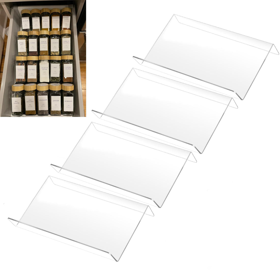COXWANG Acrylic Kitchen Spice Rack,Acrylic Spice Drawer Organizer,Kitchen Spice Rack Tray,4 Tier,Organize and Display Your Spices,and Seasonings(Jars not included) (Clear - 9 inch)