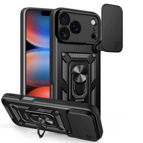Apple iPhone 17 Pro Max Case, Heavy Duty Shockproof Armor Cover with Camera Shield, 360° Ring Kickstand & Ring Holder Stand (Black)