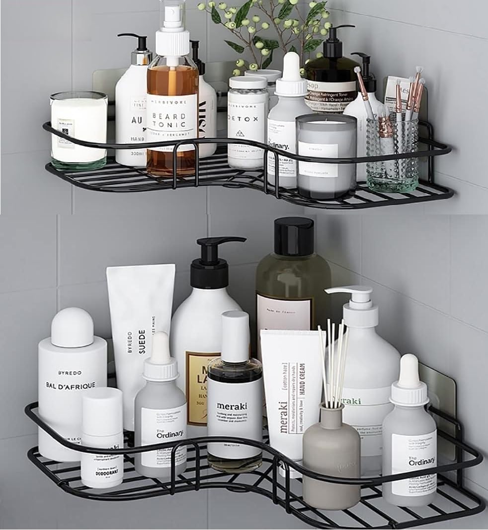 Oslen (Pack of 2 Self-Adhesive Shelf/Storage Organizer for Bathroom and Kitchen Corner Wall Mounted Rack Shelf Bathroom Accessories Storage Rack (No Drilling-Shelf Adhesive) (8 and 9 INCH,Black)