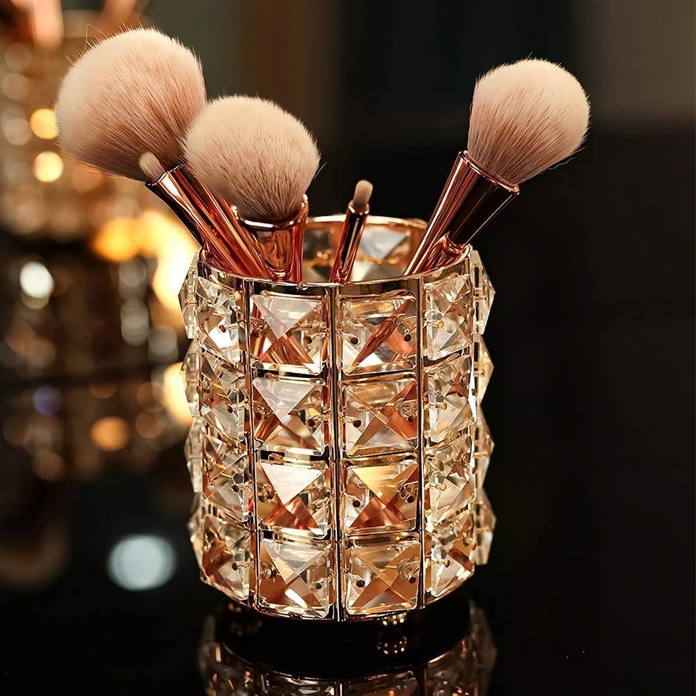 Crystal Makeup Brush Holder Organizer Eyebrow Comb Brushes Pen Pencil Cup Container Cosmetic Storage Organizer,Handcrafted Cosmetics Brushes Cup (Gold)