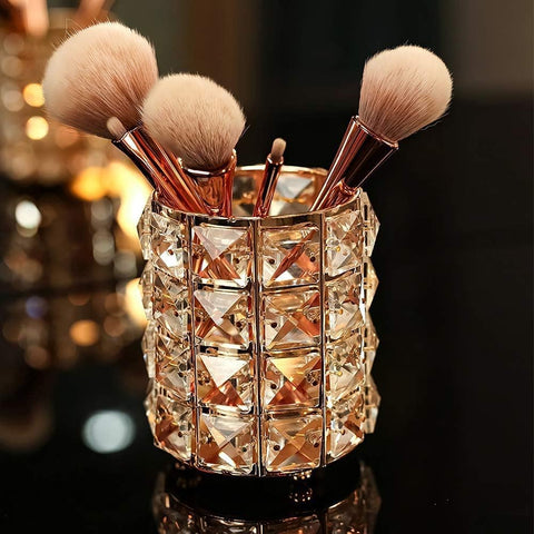 Crystal Makeup Brush Holder Organizer Eyebrow Comb Brushes Pen Pencil Cup Container Cosmetic Storage Organizer,Handcrafted Cosmetics Brushes Cup (Gold)