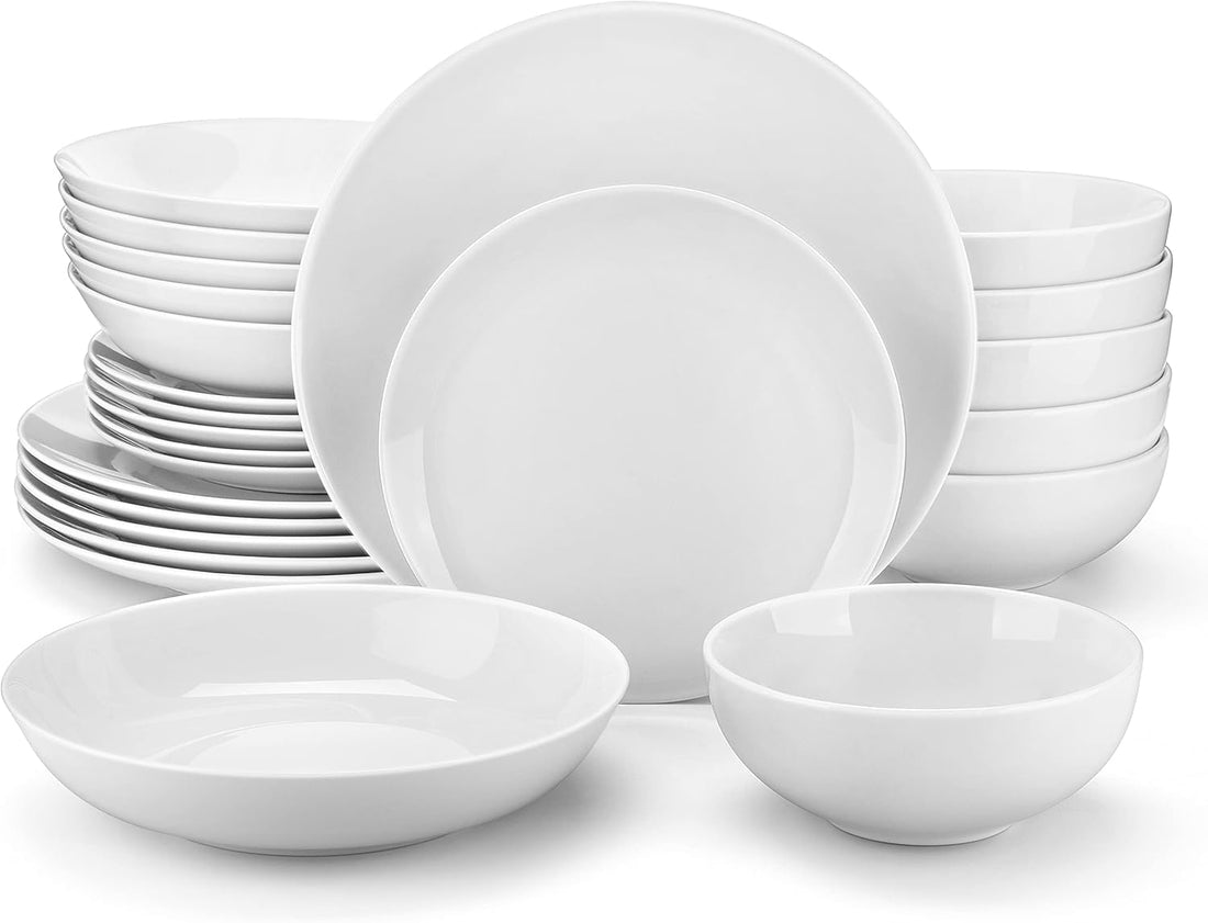 Dinner Sets, 24-Piece Porcelain Plates and Bowls Set with 6-Piece Dinner Plate/Soup Plate/Side Plate/Cereal Bowl, Dinnerware Set Service for 6, Series Amelia