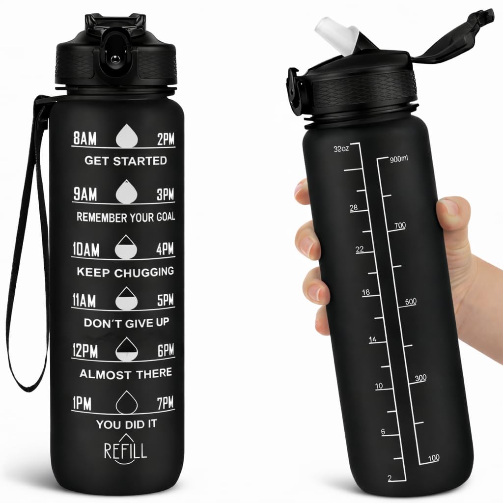 water bottle with straw - زجاجة مياه رياضية - bottle with straw - BPA-Free, Leak-Proof, Flip-Top Cap | Nylon Strap & Time Marker | Gym & Daily Hydration (black water bottle)