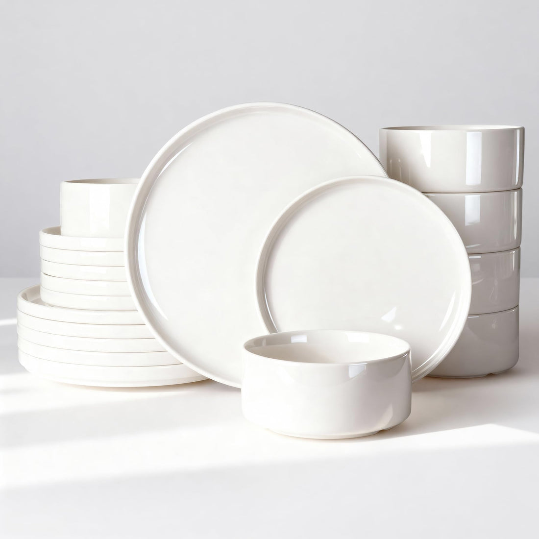 Famiware Porcelain Dinnerware Set, 18-Piece Modern Plate and Bowl Set, dish set for 6, Microwave and Dishwasher Safe Tableware, White