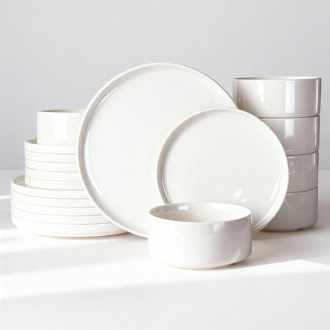 Famiware Porcelain Dinnerware Set, 18-Piece Modern Plate and Bowl Set, dish set for 6, Microwave and Dishwasher Safe Tableware, White