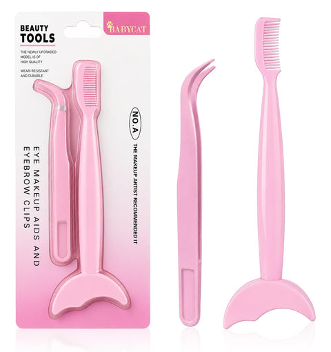 Baby Cat - Beauty Tools Set Of 2 Pcs, Eye Makeup Aids, Precision Curved Tweezer, 2 in 1 Eye Makeup Assistant Tool With Curved Eyeliner Guard And Eyebrow Comb For Smooth Styling and Daily Beauty Care