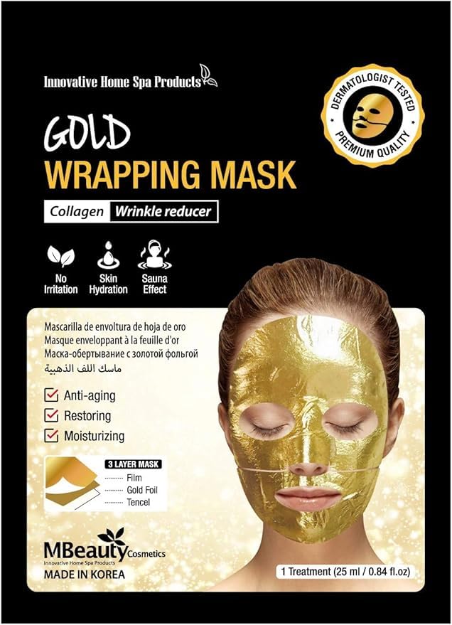 Gold Foil Wrapping Face Mask with Collagen – Anti-Aging, Wrinkle Reducing, Deep Moisturizing & Skin Restoring Treatment, Dermatologist Tested
