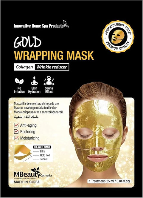 Gold Foil Wrapping Face Mask with Collagen – Anti-Aging, Wrinkle Reducing, Deep Moisturizing & Skin Restoring Treatment, Dermatologist Tested