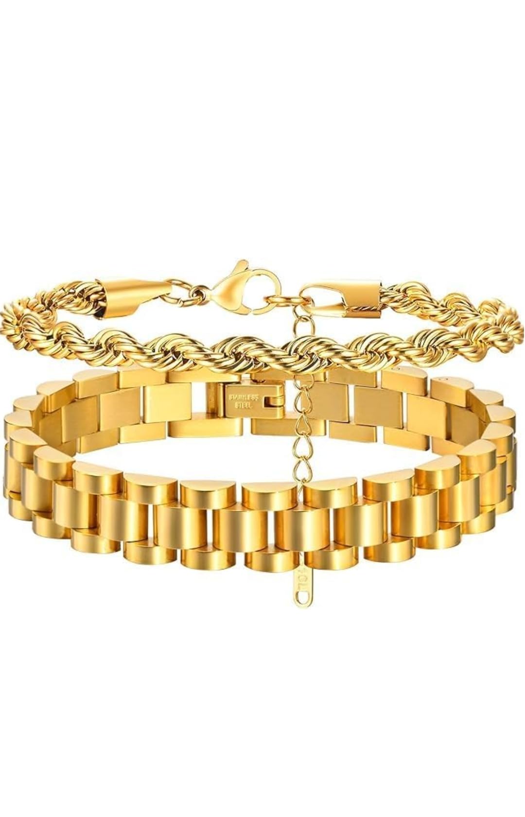 Hagat Banat Store Gold Stackable Bracelets for Women - 2 Pieces (Gold Watch Rolx Bracelet & Braided Bracelet) - 18K Gold Plated Stainless Steel - Cubic Zirconia - Unisex-Adults