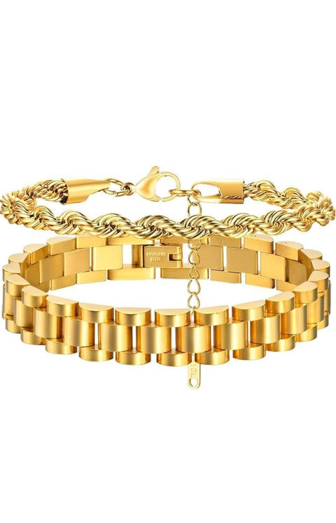 Hagat Banat Store Gold Stackable Bracelets for Women - 2 Pieces (Gold Watch Rolx Bracelet & Braided Bracelet) - 18K Gold Plated Stainless Steel - Cubic Zirconia - Unisex-Adults