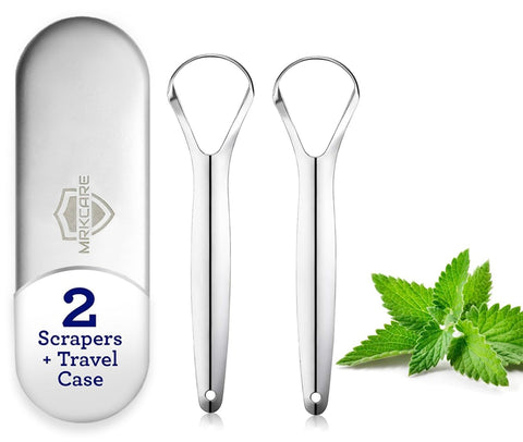 New Double Layer Tongue Scraper, 100% Medical-Grade Stainless Steel, Perfect Tougue Cleaner for Oral Care, Suitable for Both Adults and Children, 2 Pieces with Metal Case (Silver-Large Hollow)