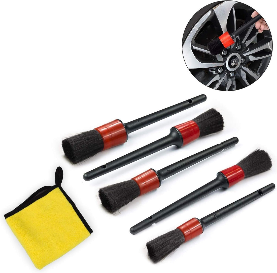 Car Detailing Brush Set, 5 Pcs Automotive Detail Cleaning Dust Removal Brushes and 1 Microfiber Car Cloth for Cleaning Interior, Exterior, Wheels, Interior, Engine, Interior, Exterior, Air Vents(6pcs)