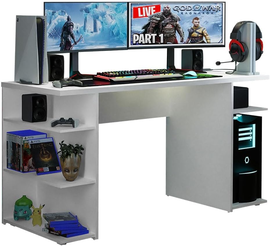 Gaming Computer Desk with 5 Shelves, Cable Management and Large Monitor Stand, Wood, 60 D x 136 W x 75 H cm – White